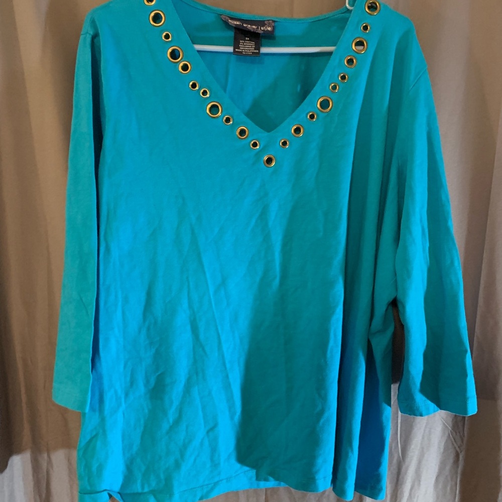 Susan Graver Turquoise Long Sleeve w/ Gold Peekaboo Circles in the Neckline